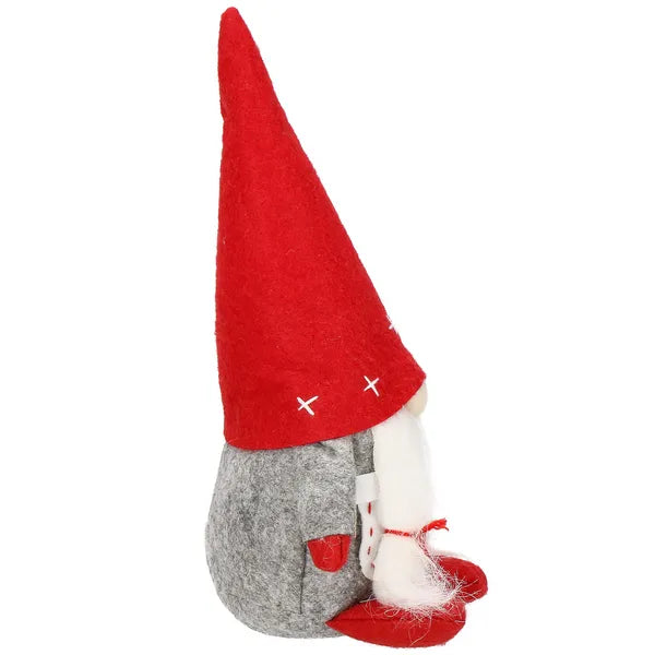Karácsonyi álló törpelány filcdekor, 27 cm, szürke-piros