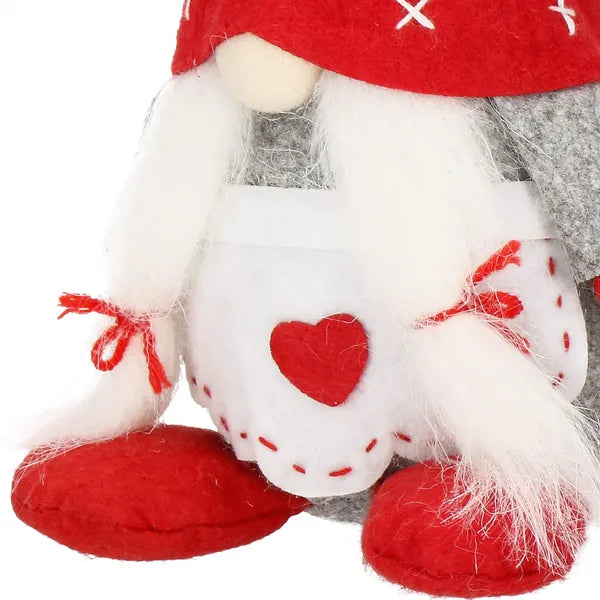 Karácsonyi álló törpelány filcdekor, 27 cm, szürke-piros