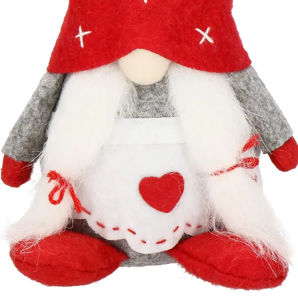 Karácsonyi álló törpelány filcdekor, 27 cm, szürke-piros