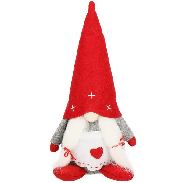 Karácsonyi álló törpelány filcdekor, 27 cm, szürke-piros