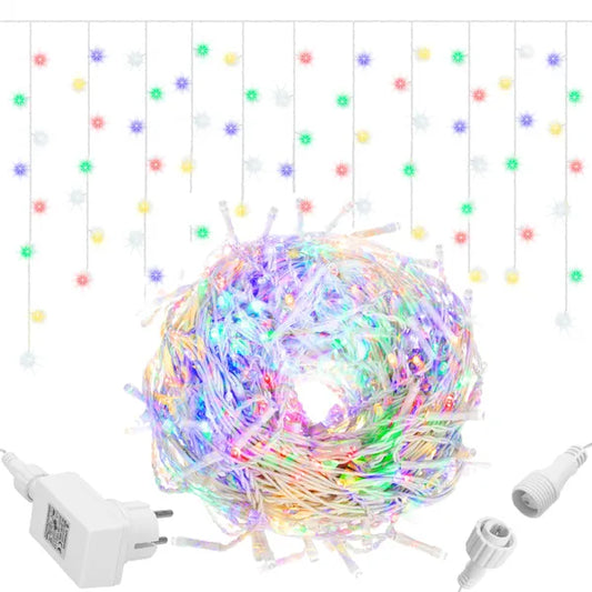 500 LED jégcsap fényfüggöny, multikolor + hideg fehér villogó, 20 m, IP44