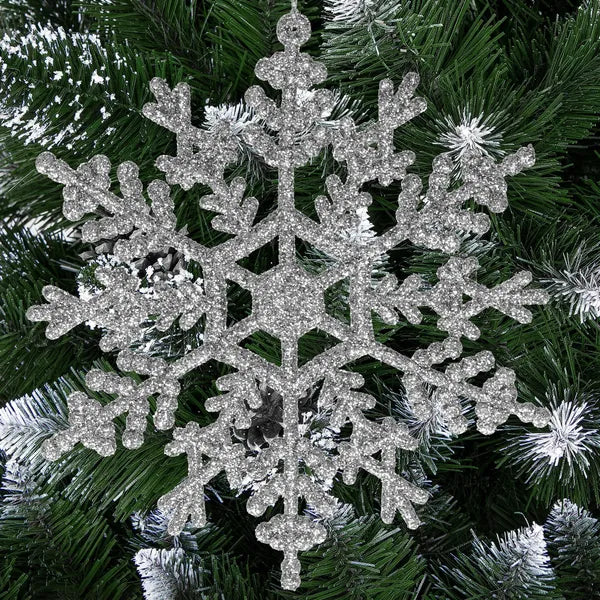 Ezüst csillogó műanyag hópehely karácsonyi függődísz 12 cm, 3 db