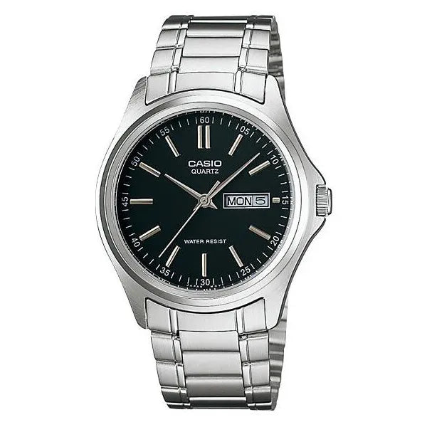 Casio MTP-1239D-1A férfi karóra, acél szíj, fekete számlap, dátumkijelző, WR30