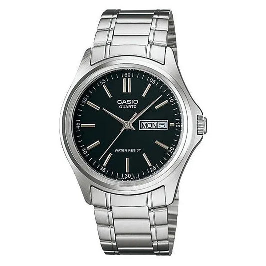 Casio MTP-1239D-1A férfi karóra, acél szíj, fekete számlap, dátumkijelző, WR30