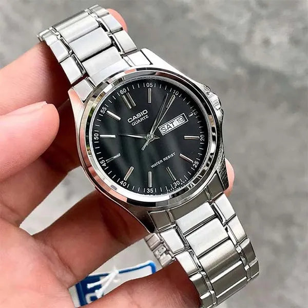 Casio MTP-1239D-1A férfi karóra, acél szíj, fekete számlap, dátumkijelző, WR30