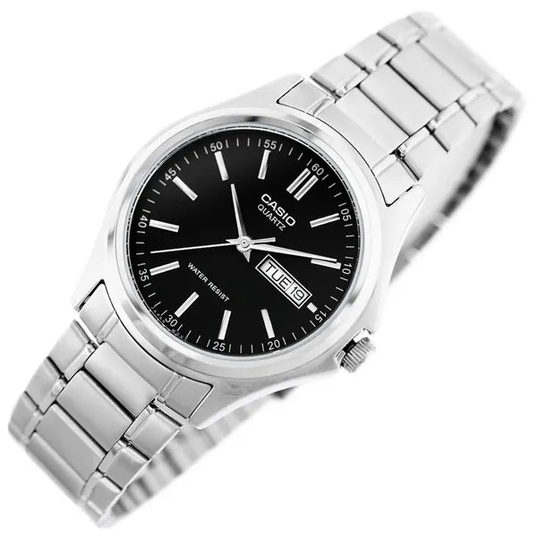 Casio MTP-1239D-1A férfi karóra, acél szíj, fekete számlap, dátumkijelző, WR30