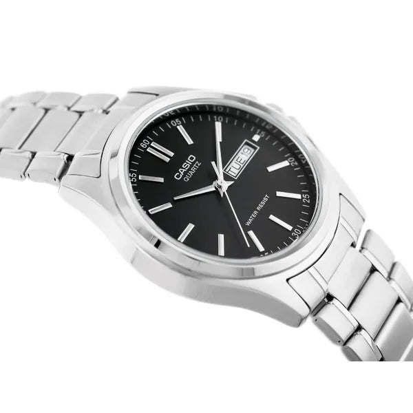 Casio MTP-1239D-1A férfi karóra, acél szíj, fekete számlap, dátumkijelző, WR30