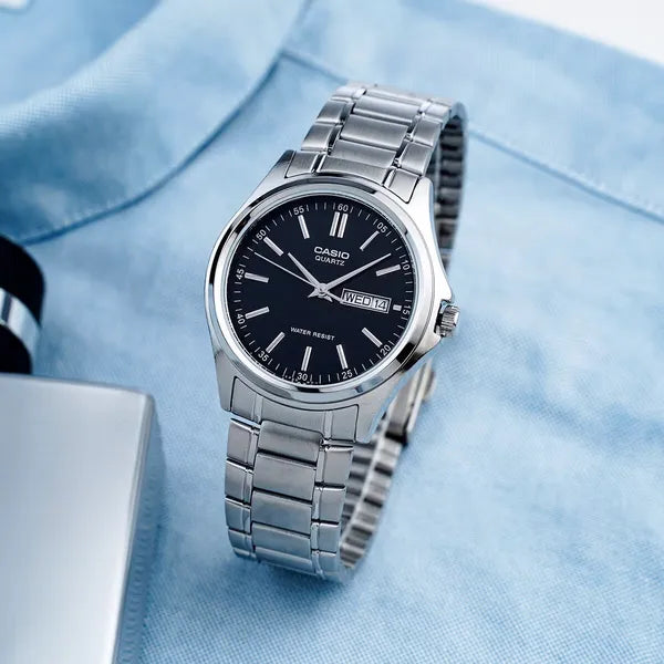 Casio MTP-1239D-1A férfi karóra, acél szíj, fekete számlap, dátumkijelző, WR30
