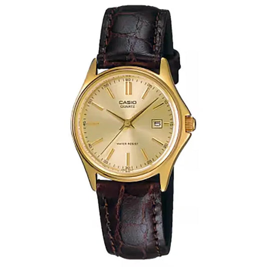 Női kvarc karóra Casio LTP-1183Q-9A, arany számlap, barna bőrszíj, WR30