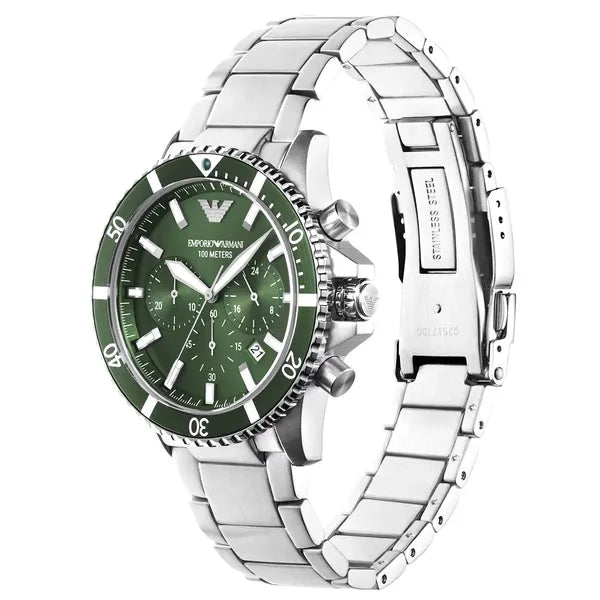 Emporio Armani AR11500 férfi búvár kronográf karóra, 43 mm, zöld, 10 ATM