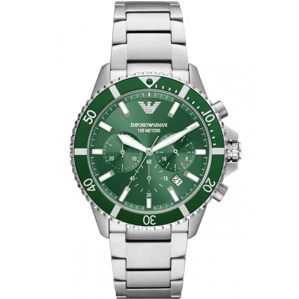 Emporio Armani AR11500 férfi búvár kronográf karóra, 43 mm, zöld, 10 ATM