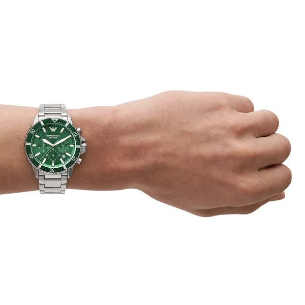 Emporio Armani AR11500 férfi búvár kronográf karóra, 43 mm, zöld, 10 ATM