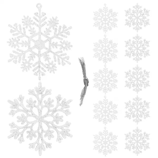Fehér csillogó karácsonyi hópehely dísz 9 cm, 12 db, zsineggel