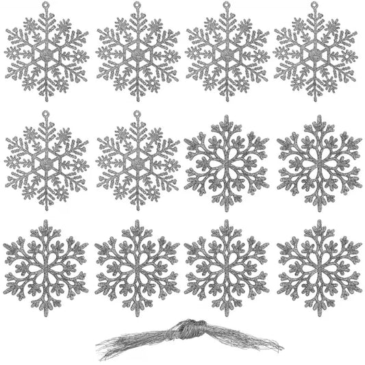 Karácsonyi glitteres hópehely dísz, 10 cm, ezüst, 12 db