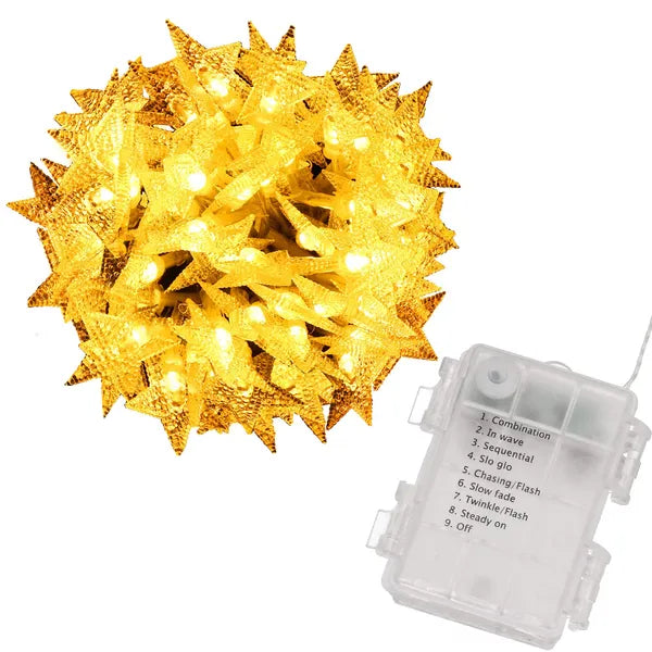 Meleg fehér csillag alakú 50 LED fényfüzér, 5 m, elemes, IP44