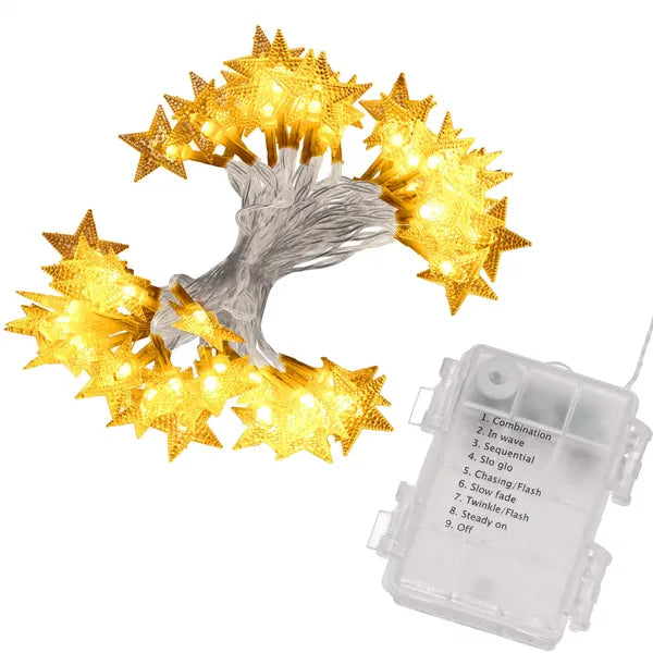 Meleg fehér csillag alakú 50 LED fényfüzér, 5 m, elemes, IP44