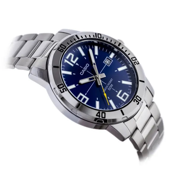 Casio MTP-VD01D-2B férfi karóra, rozsdamentes acél, sötétkék számlap, WR50