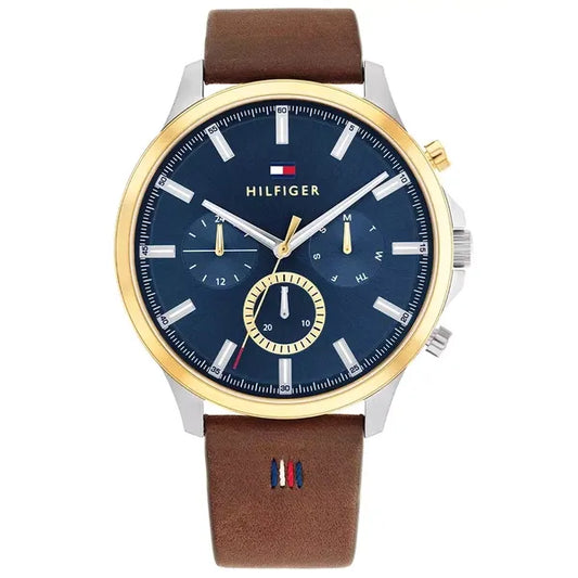 Tommy Hilfiger Ryder férfi karóra, 44 mm, kék-arany számlap, barna bőrszíj