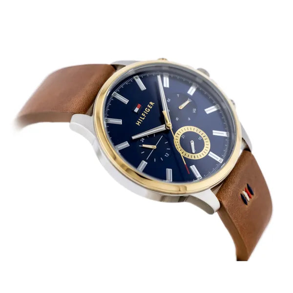 Tommy Hilfiger Ryder férfi karóra, 44 mm, kék-arany számlap, barna bőrszíj