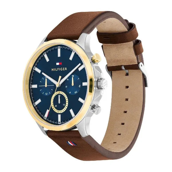 Tommy Hilfiger Ryder férfi karóra, 44 mm, kék-arany számlap, barna bőrszíj