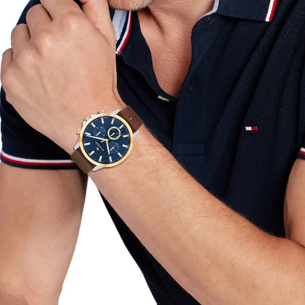 Tommy Hilfiger Ryder férfi karóra, 44 mm, kék-arany számlap, barna bőrszíj