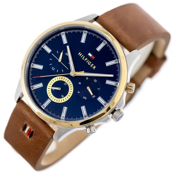 Tommy Hilfiger Ryder férfi karóra, 44 mm, kék-arany számlap, barna bőrszíj