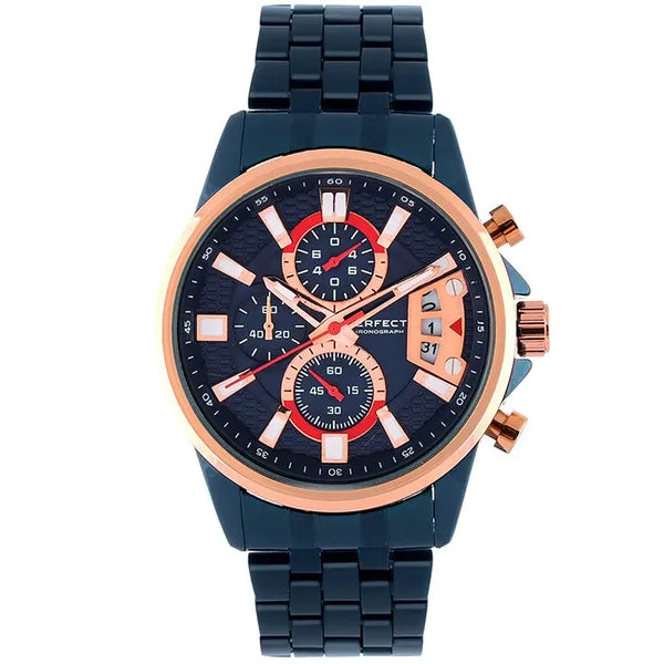 Férfi kronográf karóra – Miyota quartz, 43 mm, kék/rózsaarany, acél szíj