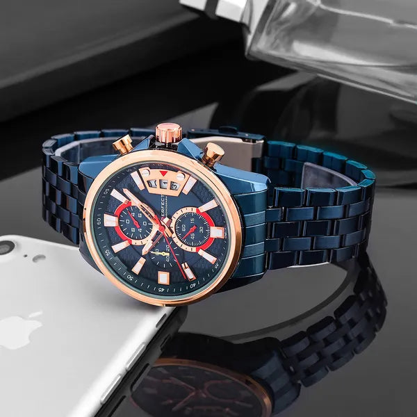 Férfi kronográf karóra – Miyota quartz, 43 mm, kék/rózsaarany, acél szíj