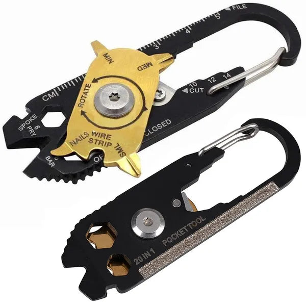 20 az 1-ben karabiner kulcstartó multitool, inox acél, 8×2,5 cm