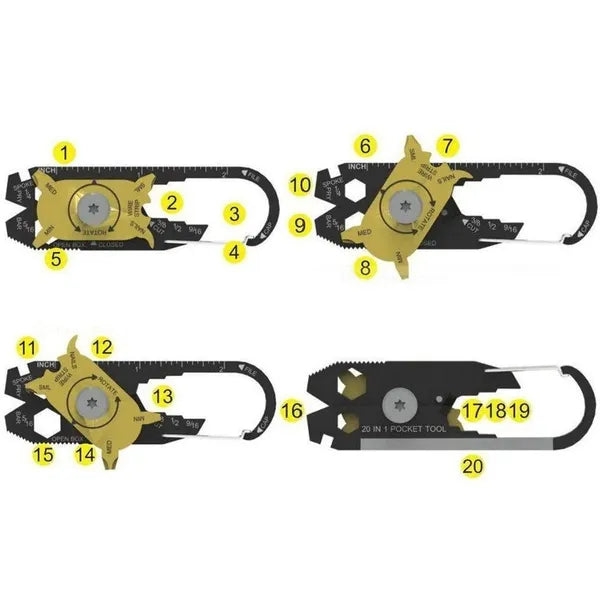 20 az 1-ben karabiner kulcstartó multitool, inox acél, 8×2,5 cm