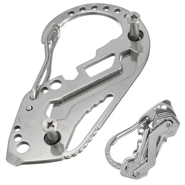 Rozsdamentes acél karabineres kulcstartó multitool, sörnyitóval, csavarhúzóval