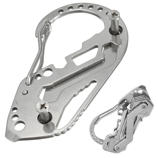 Rozsdamentes acél karabineres kulcstartó multitool, sörnyitóval, csavarhúzóval