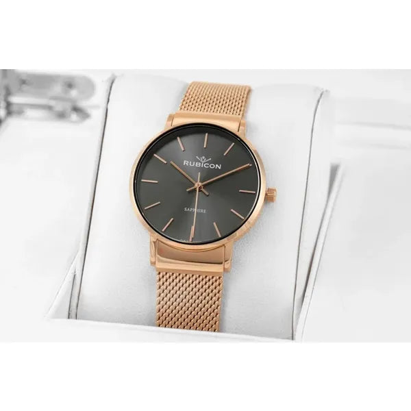 Rubicon RNBE28 női karóra, rozéarany hálós szíj, 32 mm, zafírüveg