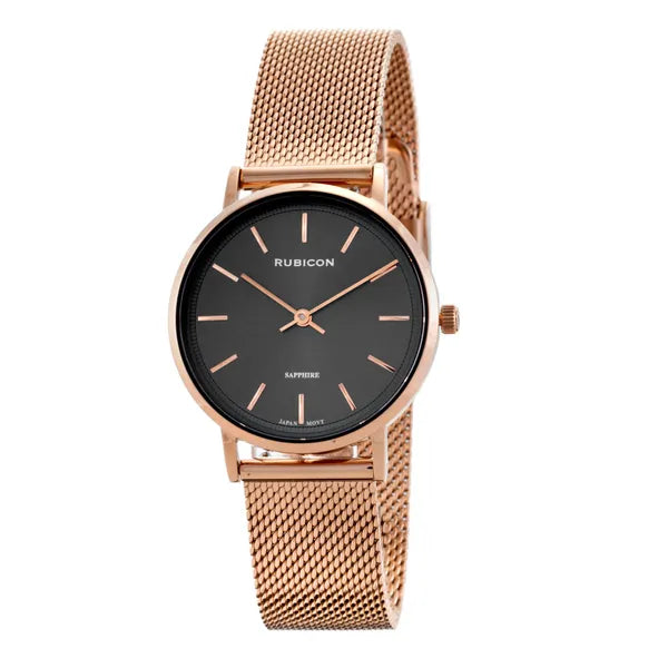 Rubicon női karóra 37 mm, rózsaarany mesh szíj, fekete számlap, zafírüveg