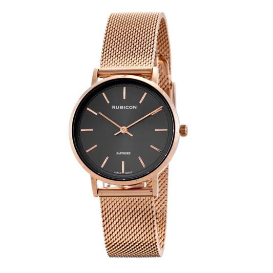 Rubicon női karóra 37 mm, rózsaarany mesh szíj, fekete számlap, zafírüveg