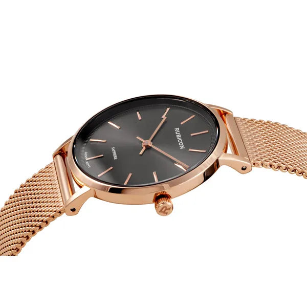 Rubicon női karóra 37 mm, rózsaarany mesh szíj, fekete számlap, zafírüveg