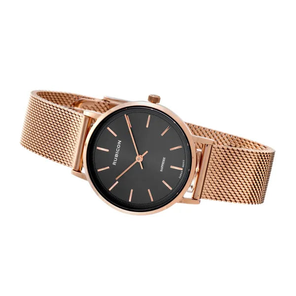 Rubicon női karóra 37 mm, rózsaarany mesh szíj, fekete számlap, zafírüveg