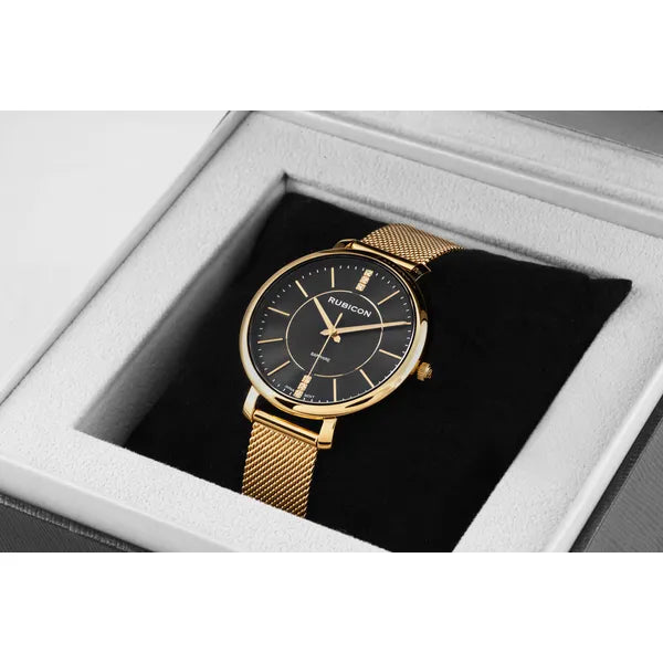 Női arany nemesacél karóra, fekete számlap, zafírüveg, 36 mm