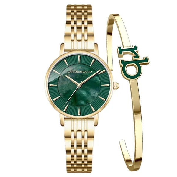 Rocco Barocco női karóraszett arany acél szíjjal, zöld számlap, 32 mm