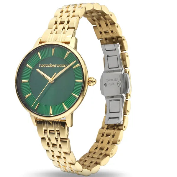 Rocco Barocco női karóraszett arany acél szíjjal, zöld számlap, 32 mm
