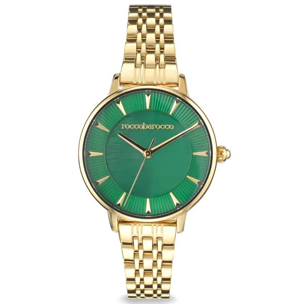 Rocco Barocco női karóraszett arany acél szíjjal, zöld számlap, 32 mm
