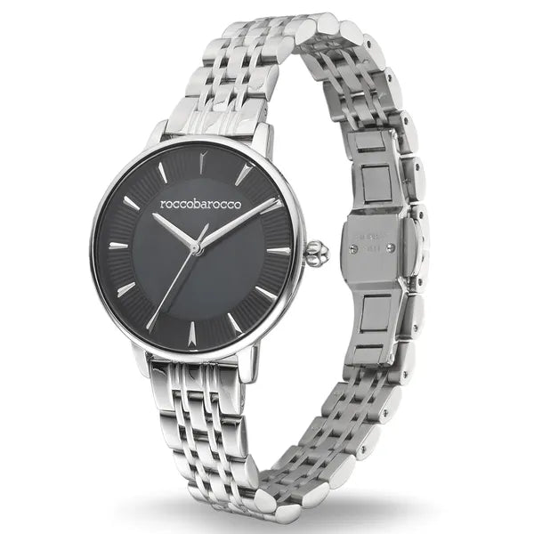 RoccoBarocco női nemesacél karóra ajándék karkötővel, ezüst, kék számlap, 32 mm