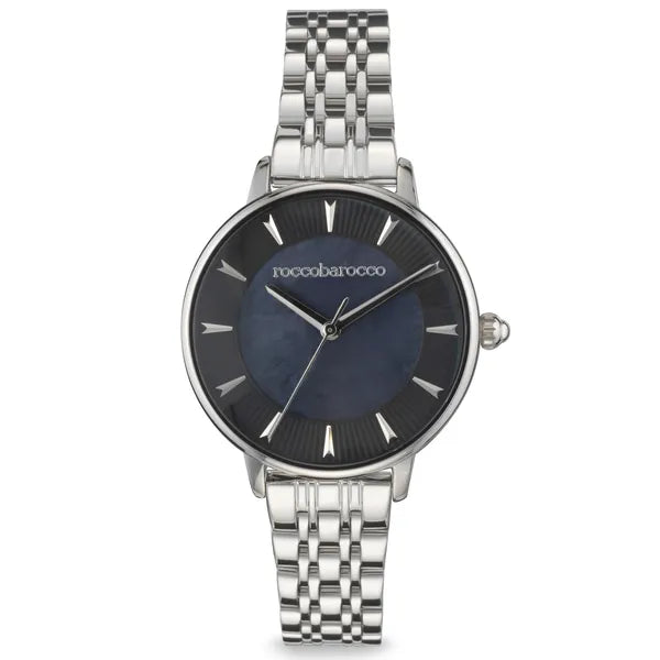 RoccoBarocco női nemesacél karóra ajándék karkötővel, ezüst, kék számlap, 32 mm