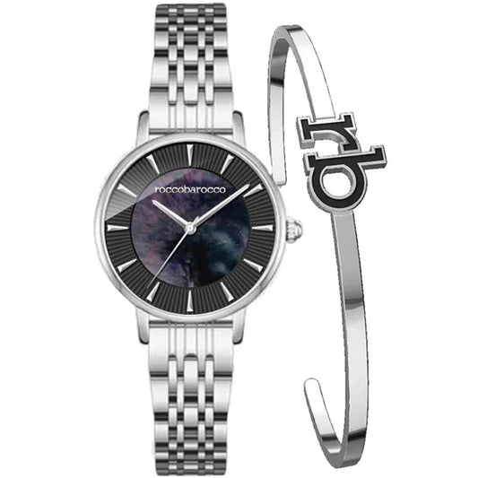 RoccoBarocco női nemesacél karóra ajándék karkötővel, ezüst, kék számlap, 32 mm