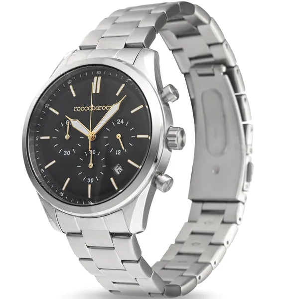 RoccoBarocco férfi karóra, 42 mm, ezüst acél szíj, fekete számlap, WR50