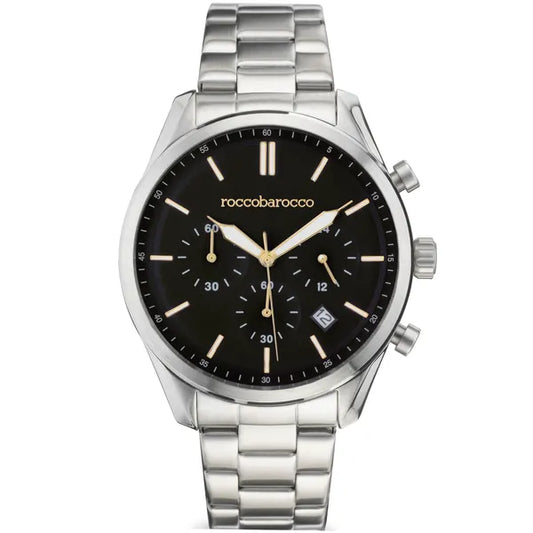 RoccoBarocco férfi karóra, 42 mm, ezüst acél szíj, fekete számlap, WR50
