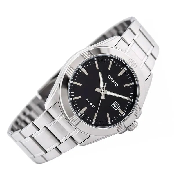 Casio MTP-1308D-1AV férfi karóra nemesacél szíjjal, fekete számlap, WR50