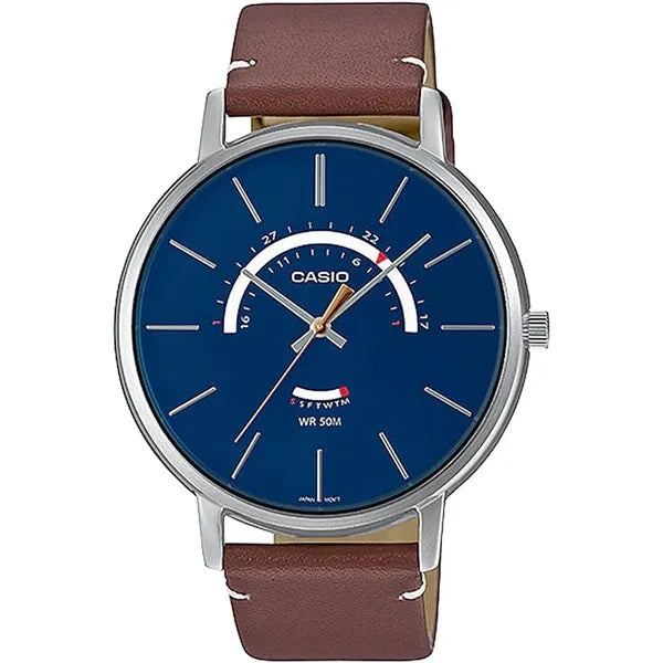 Casio férfi kvarc karóra, 44 mm, kék számlap, barna bőrszíj, 50 m WR