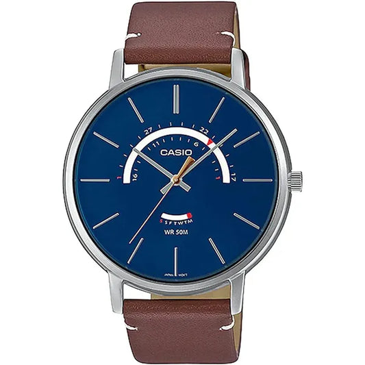 Casio férfi kvarc karóra, 44 mm, kék számlap, barna bőrszíj, 50 m WR