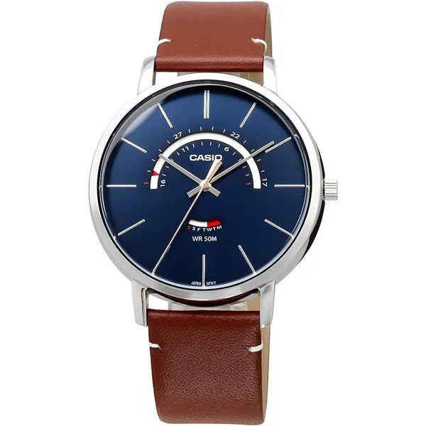 Casio férfi kvarc karóra, 44 mm, kék számlap, barna bőrszíj, 50 m WR